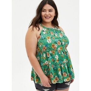 Torrid Green Floral Babydoll Eyelet Tiered Sleeveless Top size 0